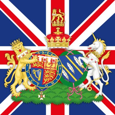 Birleşik Kindom, Yıl 2020 - Harry ve Meghan aile arması İngiliz bayrağı, vektör illüstrasyonu, editoryal