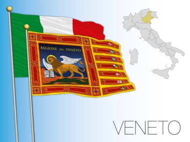 Veneto resmi bölgesel bayrak ve harita, İtalya, vektör illüstrasyonu