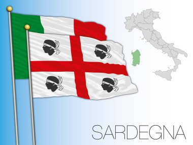 Sardinya veya Sardegna resmi bölgesel bayrak ve harita, İtalya, vektör illüstrasyonu