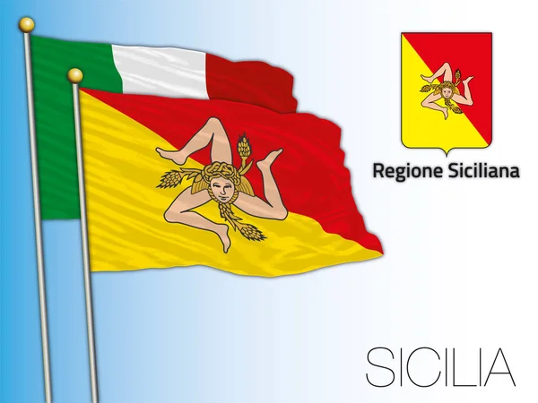 Sicily or Sicilia official regional flag and coat of arms, Italy, vector illustration