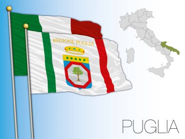 Puglia resmi bölgesel bayrak ve harita, İtalya, vektör illüstrasyonu
