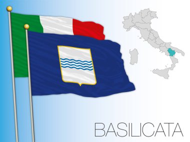 Basilicata resmi bölgesel bayrak ve harita, İtalya, vektör illüstrasyonu