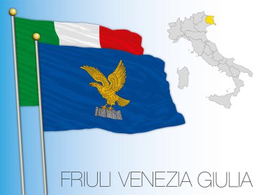 Friuli Venezia Giulia resmi bölgesel bayrak ve harita, Avrupa Birliği, İtalya, vektör illüstrasyonu