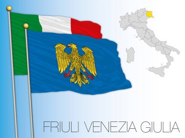 Friuli Venezia Giulia resmi bölgesel bayrak ve harita, Avrupa Birliği, İtalya, vektör illüstrasyonu