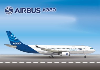 Airbus A330 yuvarlanan pistin kenarından görüldü, vektör çizimi, editoryal