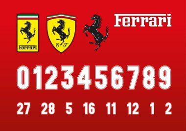 Vintage style Ferrari Formula 1 race numbers and Ferrari logos, vector graphics clipart