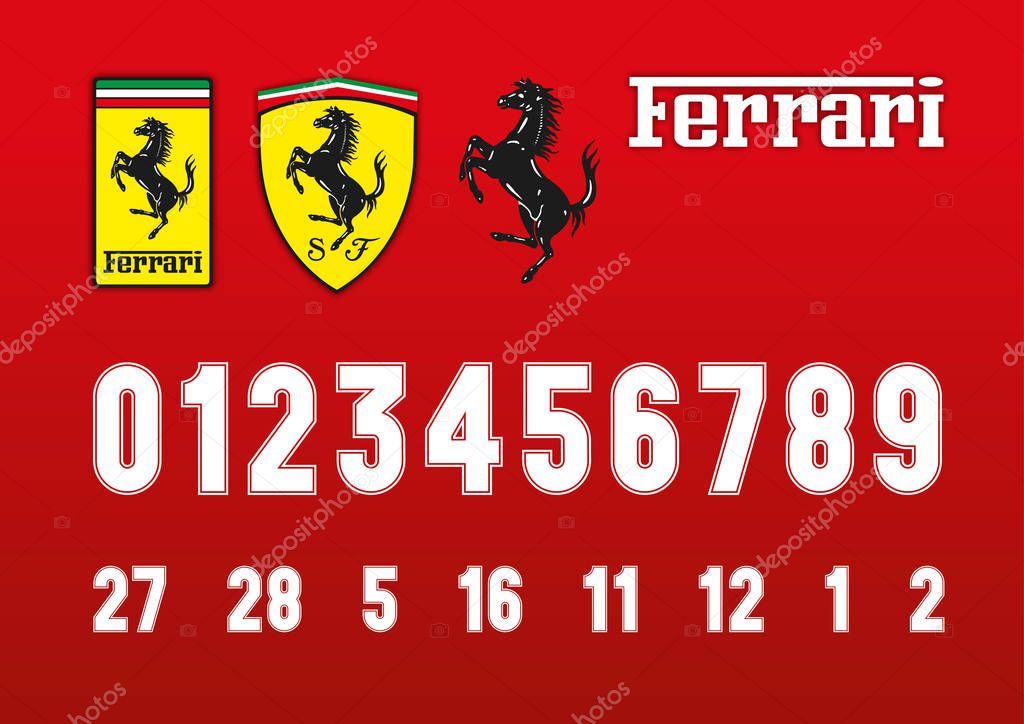 Vintage style Ferrari Formula 1 race numbers and Ferrari logos, vector graphics