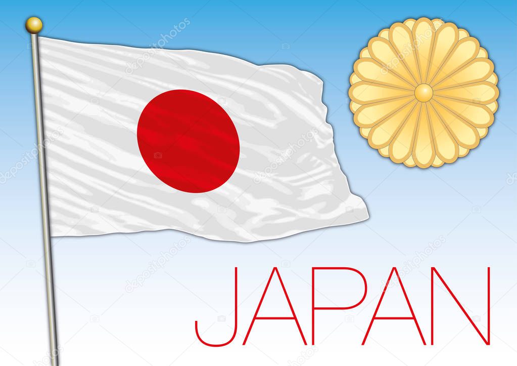 Japan official national flag and coat of arms, asiatic country, vector illustration