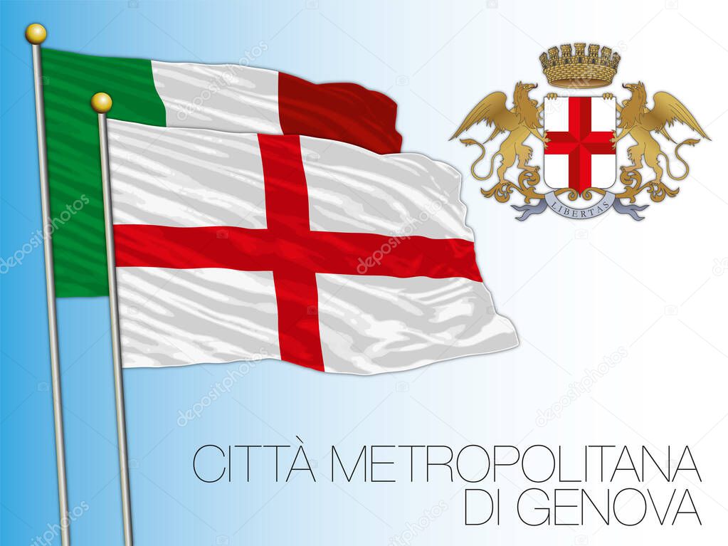 Citta Metropolitana di Genova, Metropolitan City of Genoa, flag and coat of arms, Liguria region, Italy, vector illustration
