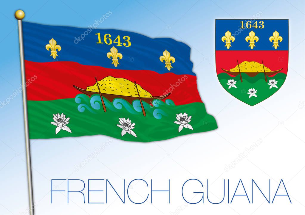 French Guiana flag and coat of arms, south america, vector illustration