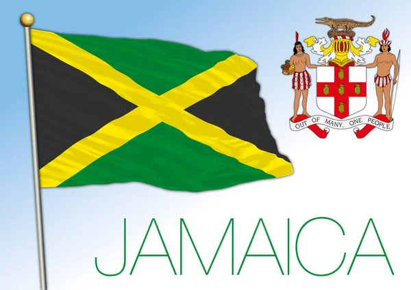 Jamaica Officiell Nationell Flagga Och Vapensköld Amerikanskt Land Vektor Illiustration — Stock vektor