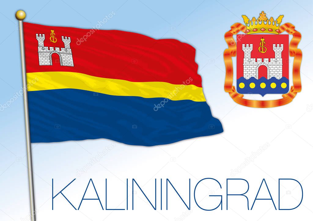 Kaliningrad official national flag and coat of arms, Russia and Europe, vector illustration