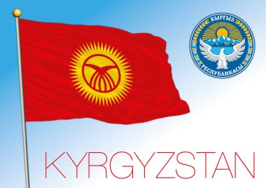 Kırgızistan resmi ulusal bayrak ve arma arması, Asya ülkesi, vektör illüstrasyonu