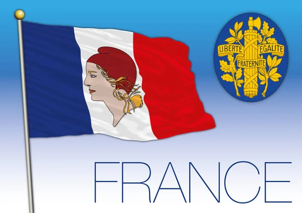 Bandera Francia Con Símbolo Retrato Marianne Escudo Armas Nacional Ilustración — Vector de stock