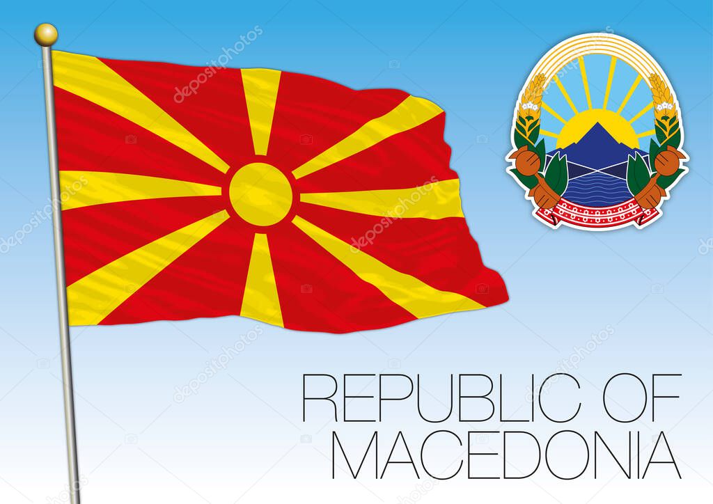 North Macedonia official national flag and coat of arms, Europe, vector illustration