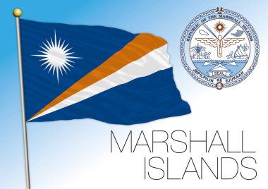 Marshall Adaları resmi ulusal bayrak ve arma, Okyanusya, vektör illüstrasyon