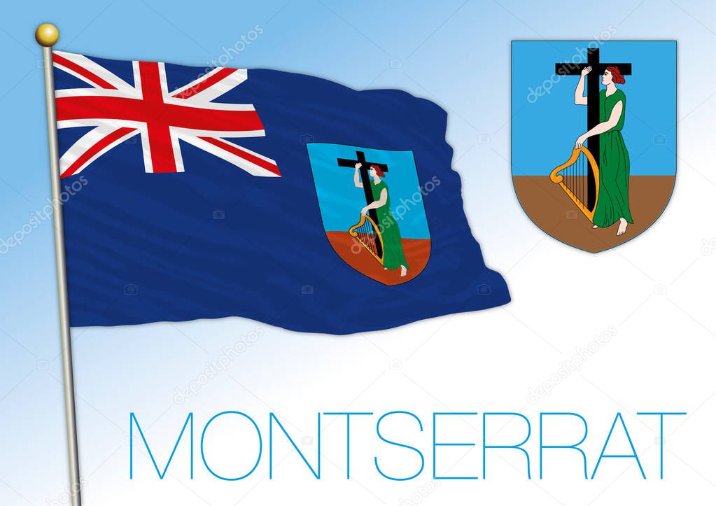 Montserrat official national flag and coat of arms, UK, vector illustration