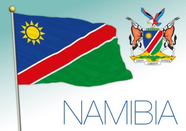 Namibya resmi ulusal bayrağı ve arması, Afrika ülkesi, vektör illüstrasyonu