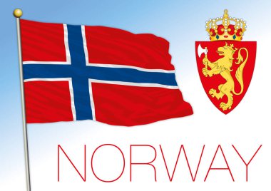 Norveç resmi ulusal bayrağı ve arması, Avrupa, vektör illüstrasyonu