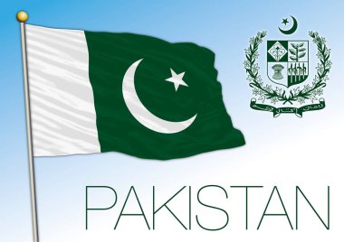 Pakistan resmi ulusal bayrağı ve arması. Asya ülkesi, vektör illüstrasyonu