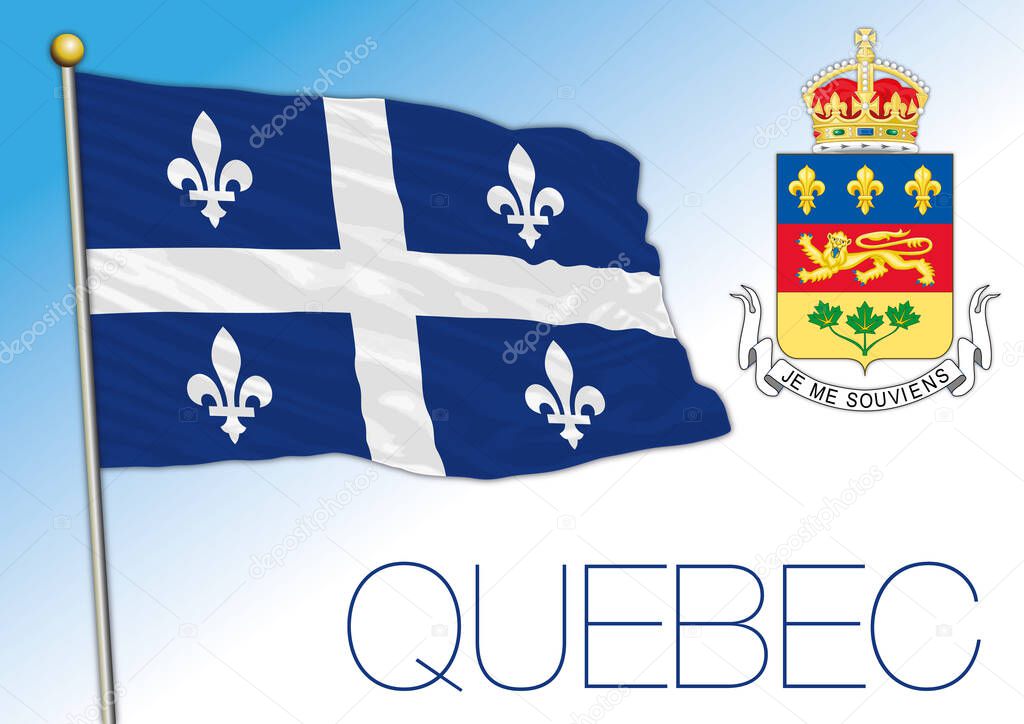 Quebec official national flag and coat of arms, Canada, vector illustration