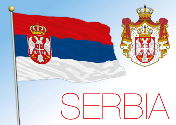 Государственный флаг и герб Сербии, европейская страна, векторная иллюстрация
