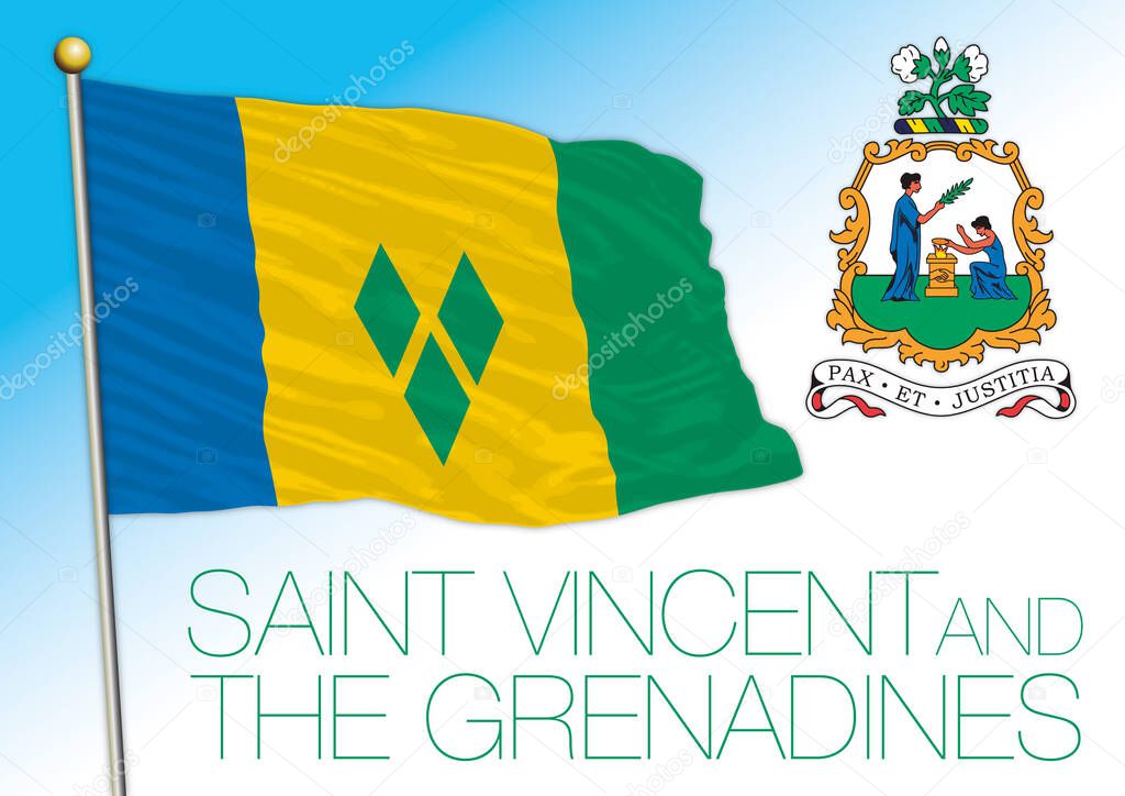 Saint Vincent and Grenadine official national flag and coat of arms, antilles, vector illustration