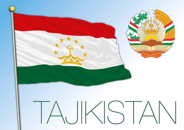 Tadżykistan Oficjalna Flaga Narodowa Herb Kraju Azjatyckiego Ilustracja Wektora — Wektor stockowy