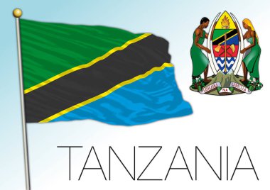 Tanzanya resmi ulusal bayrağı ve arması, Afrika ülkesi, vektör illüstrasyonu