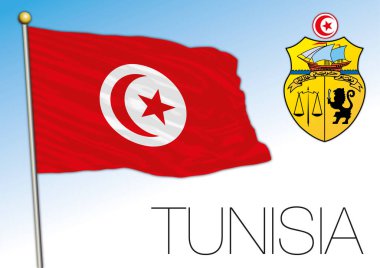 Tunus resmi ulusal bayrağı ve arması, Afrika ülkesi, vektör illüstrasyonu