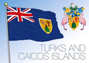 Turks ve Caicos resmi ulusal bayrağı ve arması, Karayip ülkesi, vektör illüstrasyonu