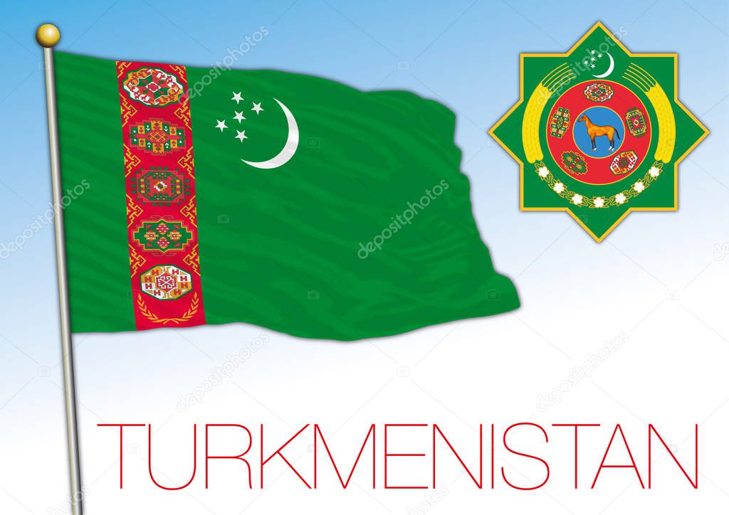 Turkmenistan official national flag and coat of arms, asiatic country, vector illustration