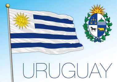 Uruguay resmi ulusal bayrağı ve arması, Güney Amerika, vektör illüstrasyonu