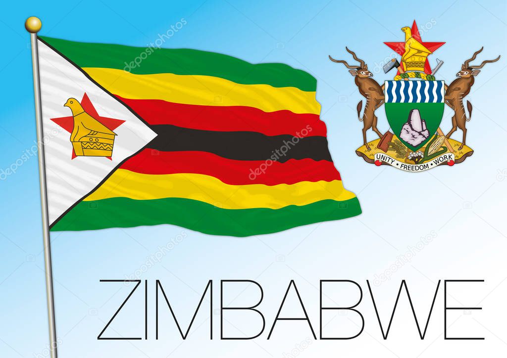 Zimbabwe official national flag and coat of arms, african country, vector illustration