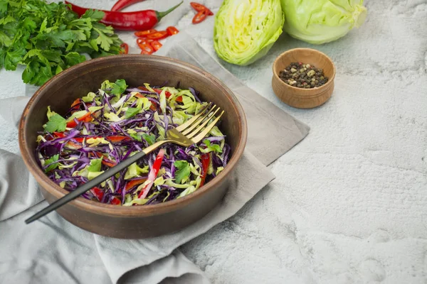 Heller Salat Aus Lila Kohl Weißkohl Paprika Einer Dunklen Tonschale — Stockfoto