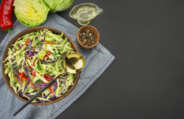 Heller Salat Aus Lila Kohl Weißkohl Paprika Einer Dunklen Tonschale — Stockfoto