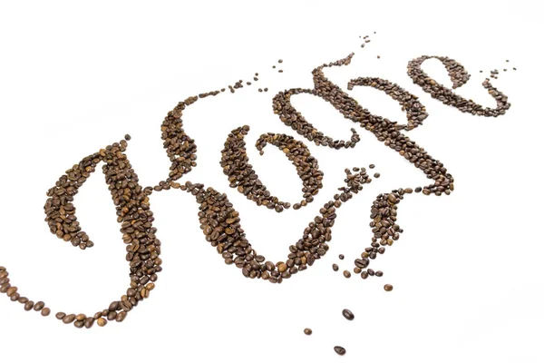 Fazole hláskování slovo přestávka na kávu a některé fazole na dně izolované na bílém pozadí. — Stock fotografie