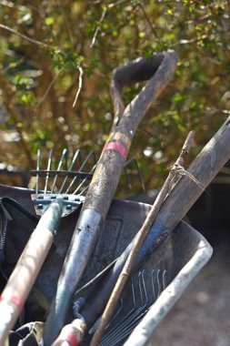 Geleneksel bahçe aletleri el arabasıyla taşınıyor.