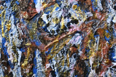 Soyut dışavurumculuk tarzında çiz. Boya kabuğu soyuluyor. Altın, mavi ve beyaz renklerde soyut bir arka plan. Jackson Pollock 'un Taklidi. 