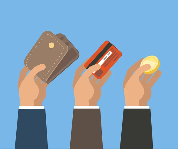 Τα χέρια σας με την κάρτα, το πορτοφόλι και το κέρμα — Διανυσματικό Αρχείο