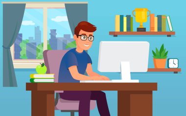 Bilgisayarda çalışan ya da okuyan genç adam