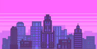 Panorama binaları olan pikselli neon gece şehri