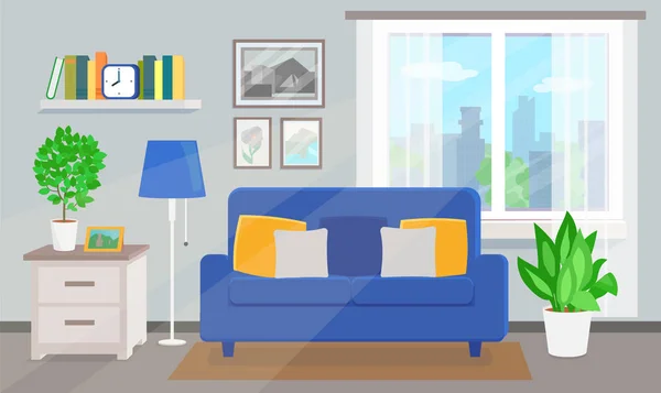 Habitación interior con sofá azul y ventana — Vector de stock