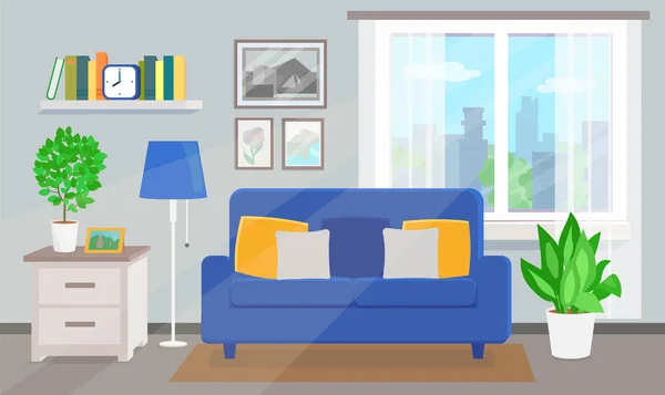 Raumausstattung mit blauem Sofa und Fenster Vektorgrafiken