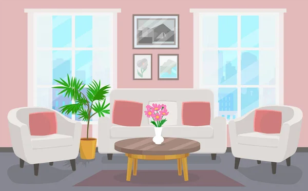 Obývací pokoj s bílou pohovkou a dvěma židlemi — Stockový vektor