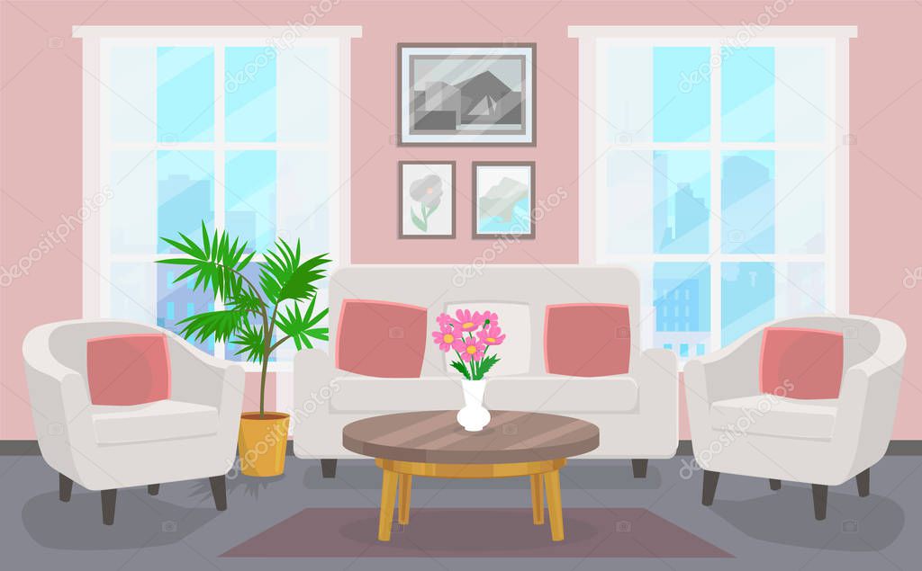 Living room with white sofa and two chairs