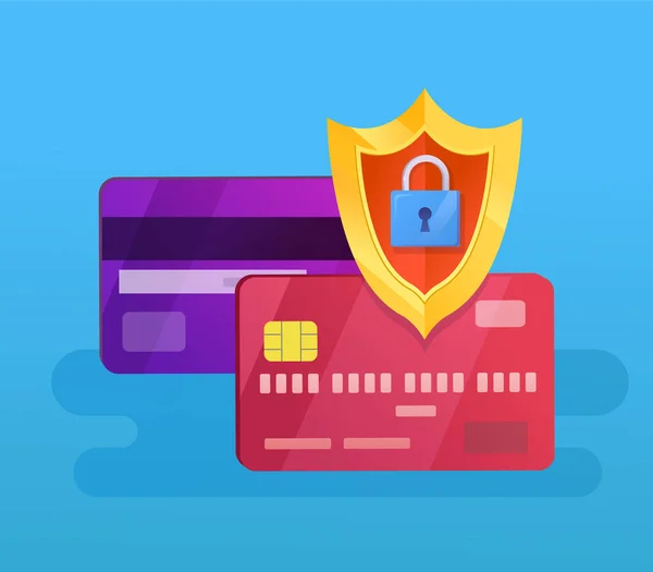 Protección Tarjetas Crédito Con Escudo Bloqueo Azul — Vector de stock