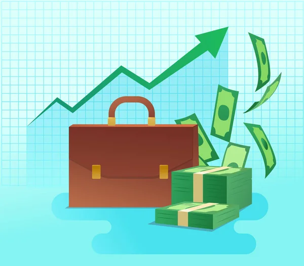 Briefcase Pile Cash Graph Green Arrow Blue — Stock Vector