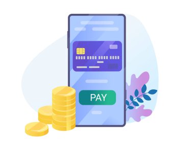 Cep telefonlu vektör parası ve beyaza izole edilmiş plastik kart. Bitkilerle arka plan