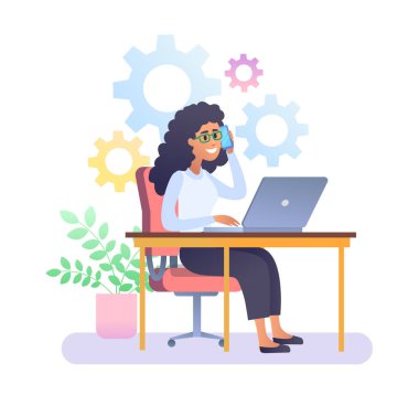 Gözlüklü, dizüstü bilgisayarlı, sandalyede oturan genç bir kadın. Pastel renk. Beyaz arkaplanda vites